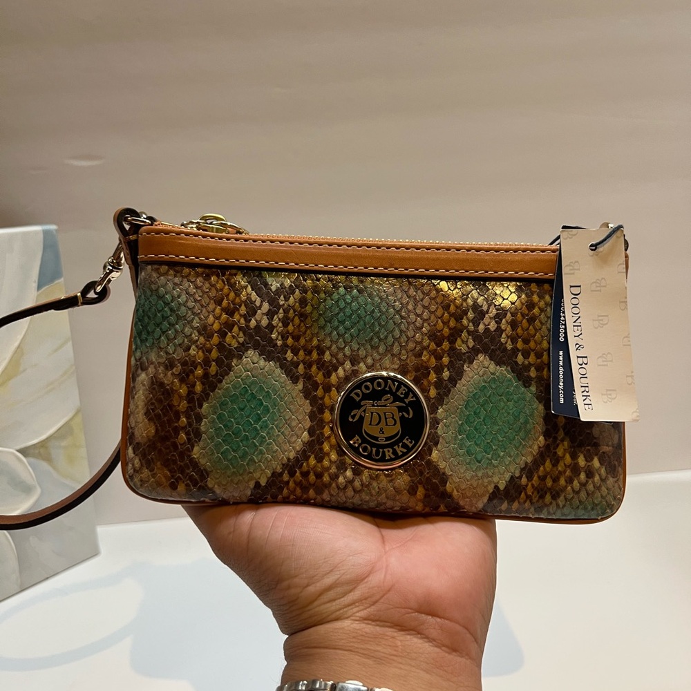 Dooney & Bourke Tan and Green Snake Print Clutch - Picture 9 of 13